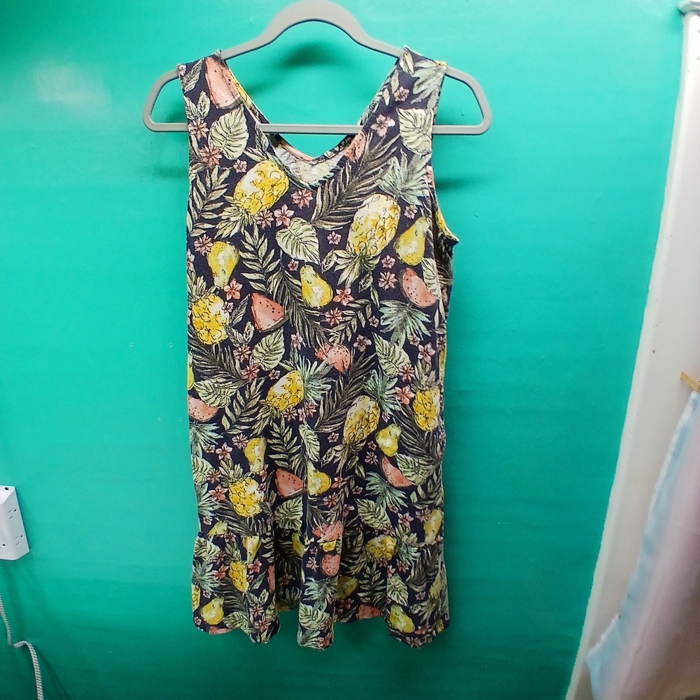 J. Jill Knit Dress XS Petite Tropical Fruit Print Flounce Hem Summer Vacation